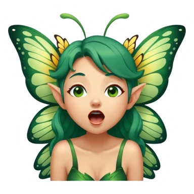 Cinematic Realistic Forest Fairy Portrait, head tilted slightly with a dramatic, wide-open yawn, revealing a tender, relaxed visage with finely detailed tanned skin and flowing, vine-adorned dark green hair gently framing her face. Her sleepy eyes exude a serene, dreamlike quality as soft natural sunlight filters through the canopy, showing her large butterfly wings from her back capturing the essence of a drowsy yet captivating forest drifting into peaceful slumber. sticker