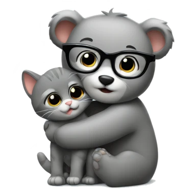 a bear cub in glasses hugs a gray cat sticker