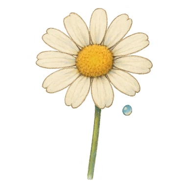 a single white daisy flower, Japanese hand-drawn soft pastel, full object, transparent background, with a tiny dew drop sticker