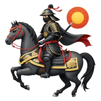 clash-of-clans-aesthetic_-cinematic-fearsome-and-majestic-samurai-bust-portrait-emoji, rendered in a flat, vector-style with minimal shading and bold, simplified shapes typical of emoji art, depicting a battle-hardened samurai with black mask and traditional black Japanese armor. The samurai is riding a noble grey warhorse adorned with an intricately designed saddle and fluttering banners and a rising sun. a zoomed insamurai riding on a  horse sticker