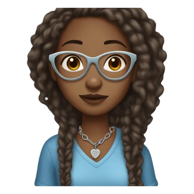 Dark brown skin girl with locs clear framed glasses blue shirt freckles silver necklace with heart  sticker