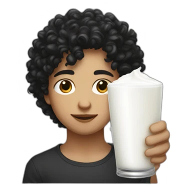 A sideportrait from the shoulders up of a pasty white teenage boy with dark black curly hair and a distinct noseholding a chalice of milk sticker