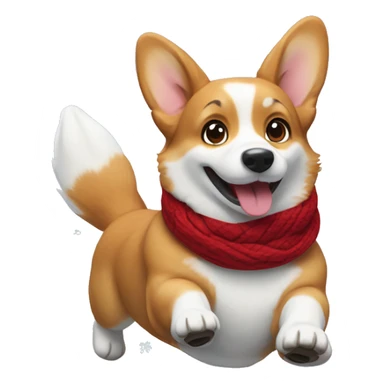 Playful corgi sliding on snow, wearing a red scarf, and leaving a trail of paw prints behind sticker
