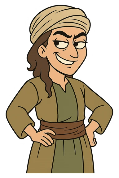 Kurdish man or woman in jamadani, cartoon style, feeling mischievous, sly smile, one eyebrow raised, no text sticker