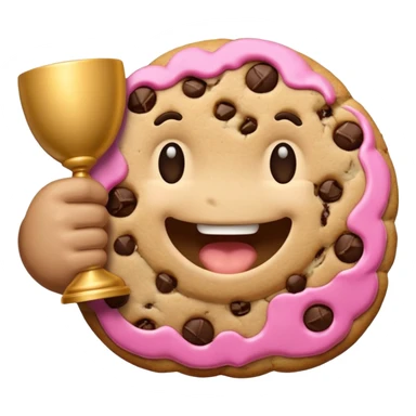 hyper realistic high-resolution cookie emoji with a bite taken out, holding a small trophy, colorful, expressive, modern minimal style sticker