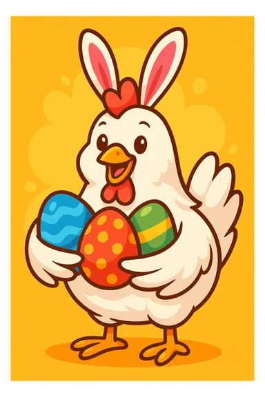 a white hen with pink bunny ears, holding colourful eggs, vibrant cheerful style sticker