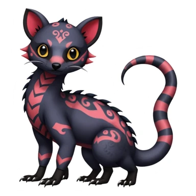 Rare warm-colored exotic gloomy tropical edgy cute epic aesthetic spooky  gothic colorful Salandit-Noibat-Civet-species-Fakemon-hybrid-creature, with tribal tattoo markings, full body sticker