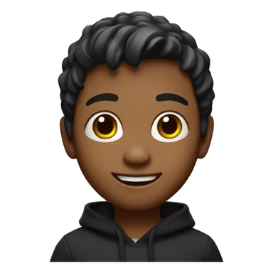 A 3D Memoji of a boy with a friendly expression, wearing a black hoodie and waving while saying "hi". The Memoji should have vibrant and expressive facial features with realistic textures. sticker