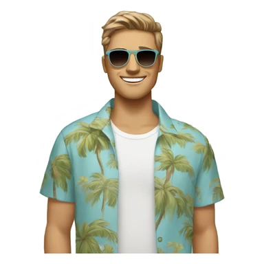Smiling man, lightly tan white skin, black eyebrows, oblong face shape, light brown messy bowl haircut, wayfarer sunglasses, light blue hawaiian shirt with white palm tree pattern sticker