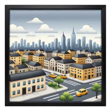 a small city,with buildings, streets, with it's calm transit sticker