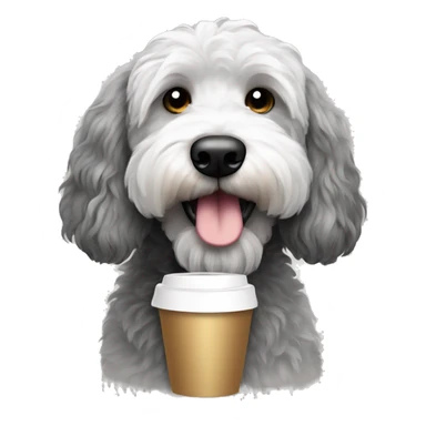 Black, gray , and white goldendoodle dog with coffee cup  sticker