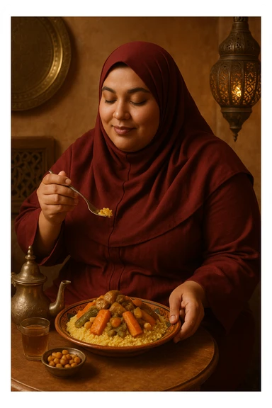 a Moroccan woman with a curvy figure, eating couscous, dressed in a full hijab sticker