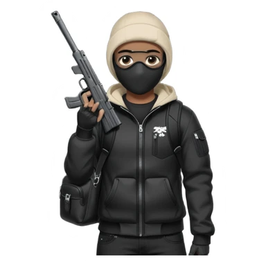 YN wearing a ski mask, holding a gun, all black fit, black jeans, Sprayground bookbag, confident stance sticker