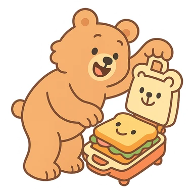 soft fluffy bear sandwich maker opening with a cute sandwich inside, soft pastel creamy brown, full-body sticker
