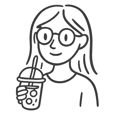 blonde woman with gold glasses holding an iced coffee, hand-drawn style sticker