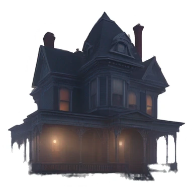Fantastic Wide view, A very roomy ramshackle Victorian Addams mansion looms through light fog at dusk  sticker
