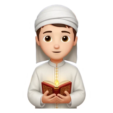 Personnage 3D mignon en style Pixar, un petit garçon portant un qamis blanc et un kufi, tenant un tapis de prière, entouré de lanternes brillantes, fond doux, couleurs chaudes, sticker