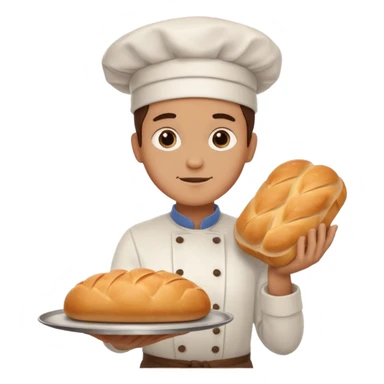 baker holding tray with big bread sticker