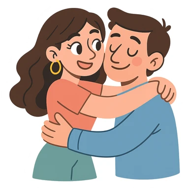 a beautiful brunette woman hugging a guy, soft pastel illustration, gentle and loving mood, no background sticker