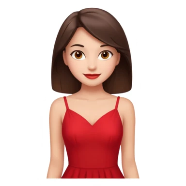 Cartoon emoji of a young brunette woman with fair-medium skin, brown eyes, wearing a red outfit. Full-height, standing confidently in a red dress  posing sexy with a smile and relaxed posture. Smooth, friendly, stylized, make up on, flirty eyes and smile in a sexy position  sticker