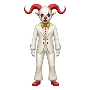 full-body demonic clown in a white leisure suit with bellbottom pants, bald, with black ram horns sticker
