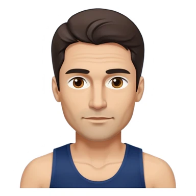 Youthful-looking athletic 40-year-old man with light brown skin, elongated face, defined jawline, attractive features, medium dark eyes, arched eyebrows, straight nose, confident expression, medium wavy dark hair with modern style, wearing a navy blue tank top sticker