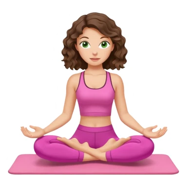 White, green-eyed, brunette cute feminine lady emoji with wavy hair doing pilates wearing pink pilates fit sticker