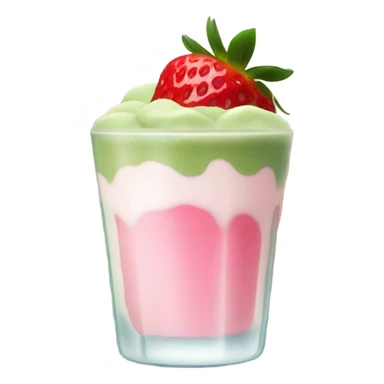 Matcha with ice and milk with strawberry on top and pink boba on the bottom sticker