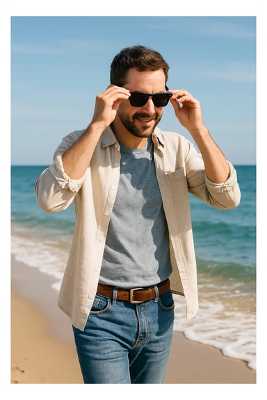 uomo passeggia a mare e si mette gli occhiali da sole sticker