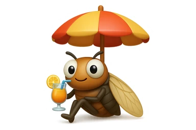 EMOJI STILE IPHONE 3D DI UNA CICALA CHE STA RILASSATA SEDUTA SOTTO L'OMBRELLONE IN SPIAGGIA CON UN COCKTAIL IN MANO, FAGLI GLI OCCHI CON LA PARTE BIANCA, NON SOLO LA PUPILLA sticker