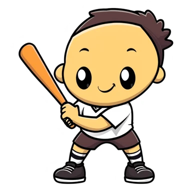 a wooden log with thin stick legs, cute cartoonish face, holding a baseball bat sticker
