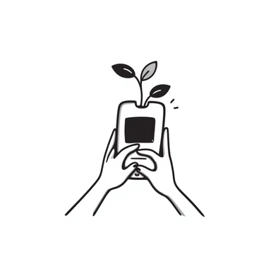 hands holding a plant sprouting from a smartphone, hand drawn doodle style, simple lines, black and white sticker