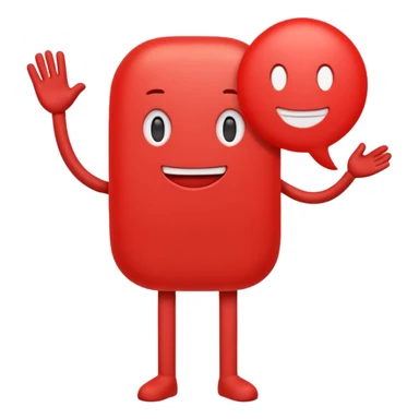 Minimal red emoji character shaped like a rounded speech bubble, with a soft face and two white lines inside symbolizing text. Small arms and legs, looks energetic and helpful. Represents short and clear communication. Flat emoji style on white background, clean and cheerful sticker
