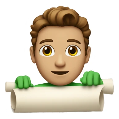 a light-skinned green-eyed man with styled brown hair (brushed back) sitting in front of the long white paper scroll sticker