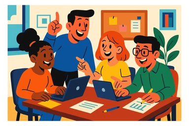a group of coworkers in an office, working together around a table, vibrant cartoon style sticker