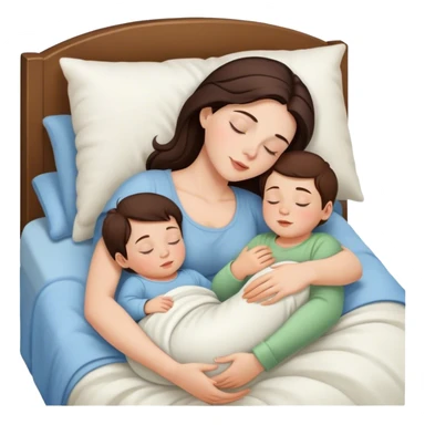 Brunette white beauty sleeping with toddler boy and baby boy in bed  sticker