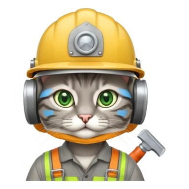 gray cat, handyman Outfit, wearing a Helmet sticker