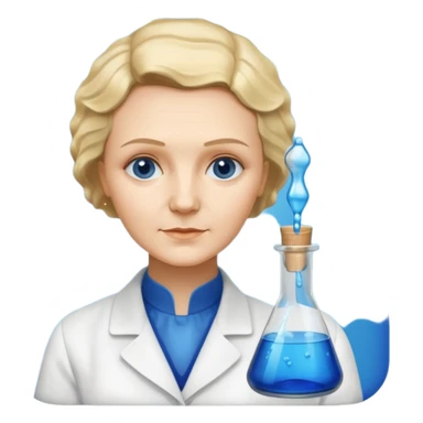 Marie Curie with experimental bottle sticker