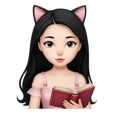 Jovem 16 anos, pele branca ,cabelos longos pretos. Boca carnuda ,nariz pequeno ,olhos grandes puxado gatinho ,cor Preta. Lendo um livro.Vestido rosa claro com alça e renda sticker