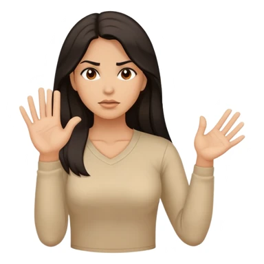 Hispanic woman with long hair, beige top, determined, one hand out motioning to stop sticker