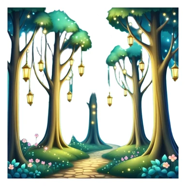 enchanted forest with tall whimsical trees and sparkling lights, fantasy atmosphere sticker