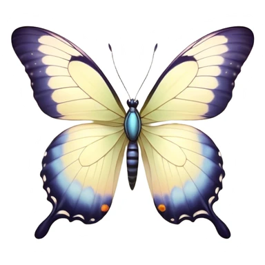 Beautiful and Majestic Butterfly Portrait Emoji, Head and body rendered in serene repose with a gentle, content smile, showcasing a delicately patterned form with softly shimmering wings and eyes peacefully closed in tranquil repose, Simplified yet exquisitely endearing features, highly detailed, glowing with a soft, drowsy pastel light, high shine, relaxed and utterly noble, stylized with an air of timeless natural beauty, soft glowing outline, capturing the essence of a majestic butterfly that embodies the pure enchantment of nature! sticker