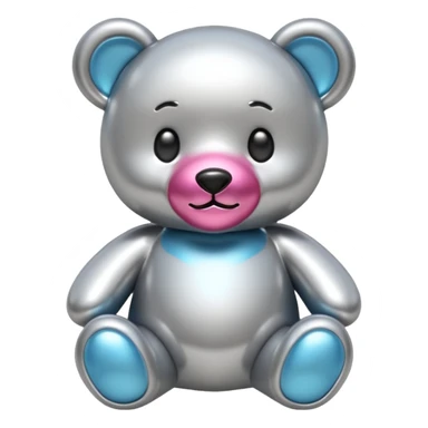 A cute teddy bear emoji made of liquid silver chrome, smooth rounded body, glossy metallic surface, soft reflections, friendly proportions, iOS emoji style, centered, clean white background sticker