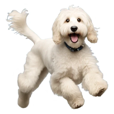 Bigger white goldendoodle jumping with long shaggy hair  sticker