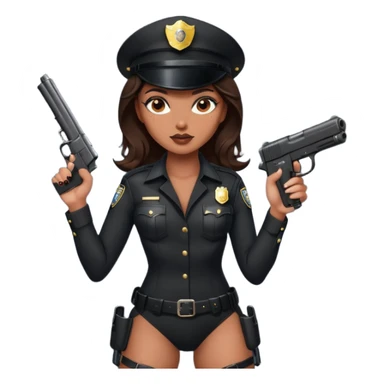 A sexy girl. with caramel skin. Dark brown hair and brown eyes. She has freckles. Wearing sexy makeup. Dressed as a sexy cop. wearing lingerie and heels. Holding a gun sticker
