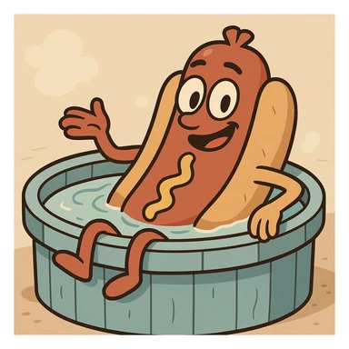 a cute cartoon hotdog relaxing in a hot tub, playful and whimsical style sticker