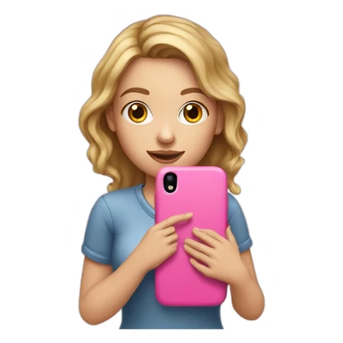 a white girl holding a pink cell phone sticker