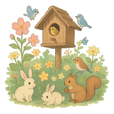 birdhouse with flowers and forest creatures including bunnies, birds, squirrels, soft pastel colors, transparent background sticker