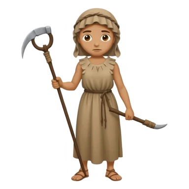 Emoji portrait of a Greek peasant. Rough chiton dress, holding a scythe, tired expression. sticker