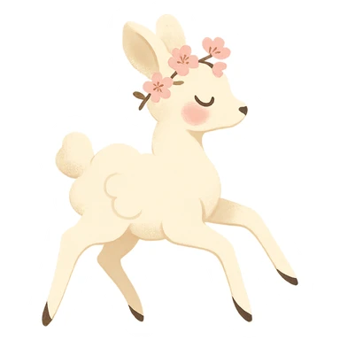 vanilla-colored cloud doe with rosy cheeks, cherry blossom crown, floating gracefully with witch-like elegance, brand identity mascot for social media sticker